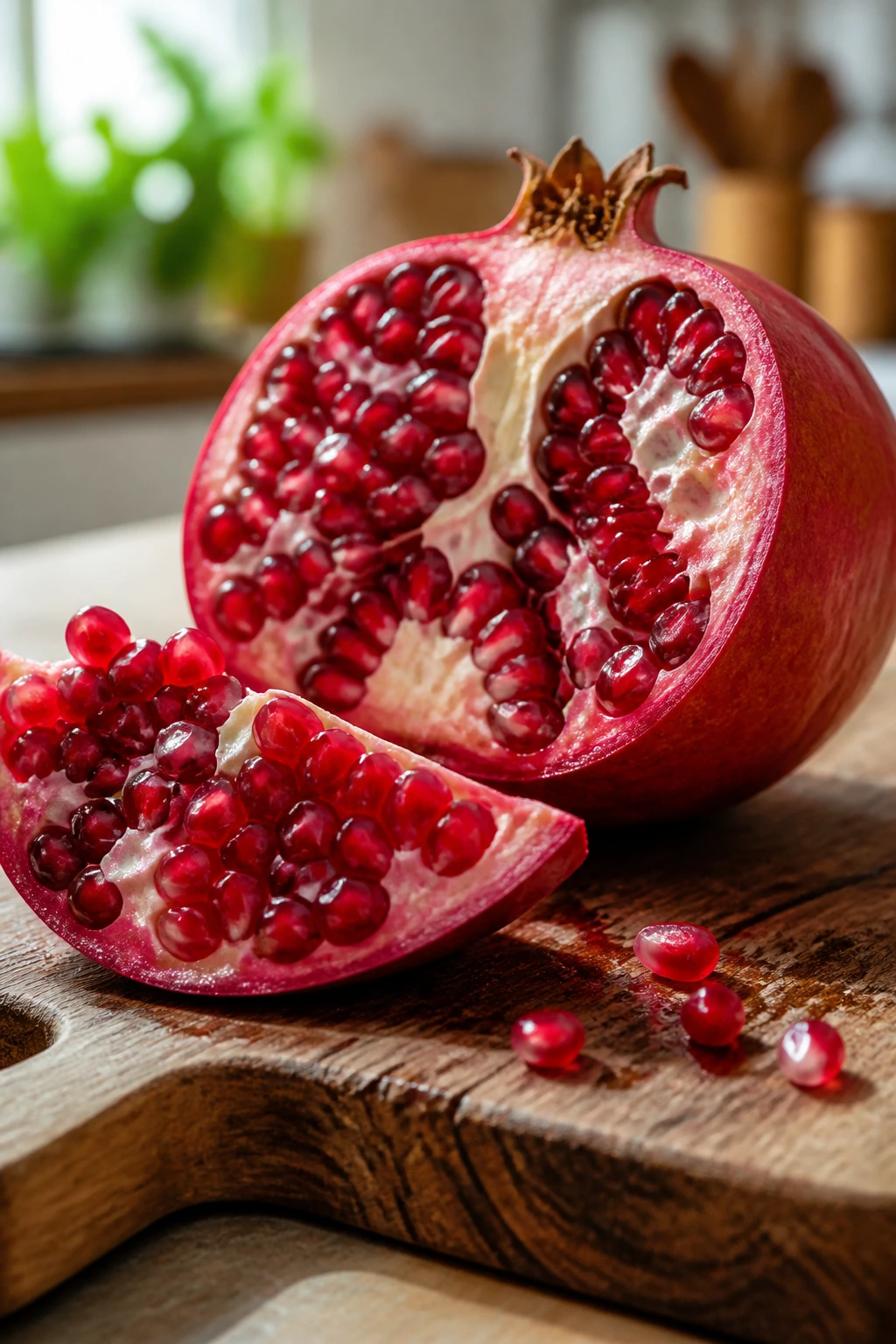 Can Chickens Eat Pomegranates Safely? Benefits and Risks 2 Close-up of a cut-open pomegranate with arils on wood