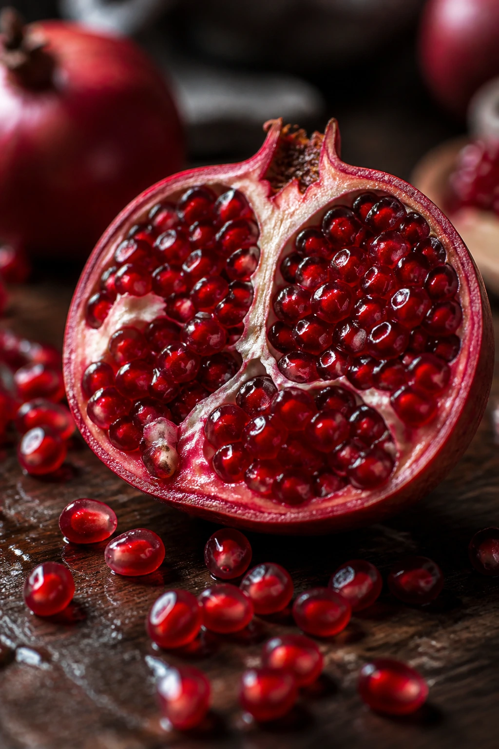 Halved pomegranate with arils spilled on a wooden surface