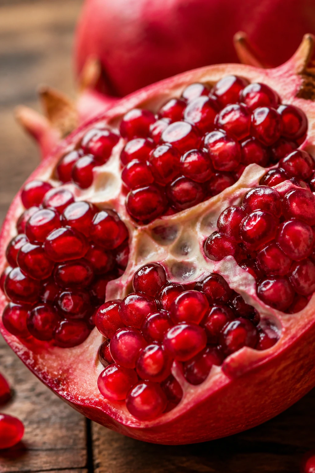Cut-open pomegranate revealing red seeds on wood