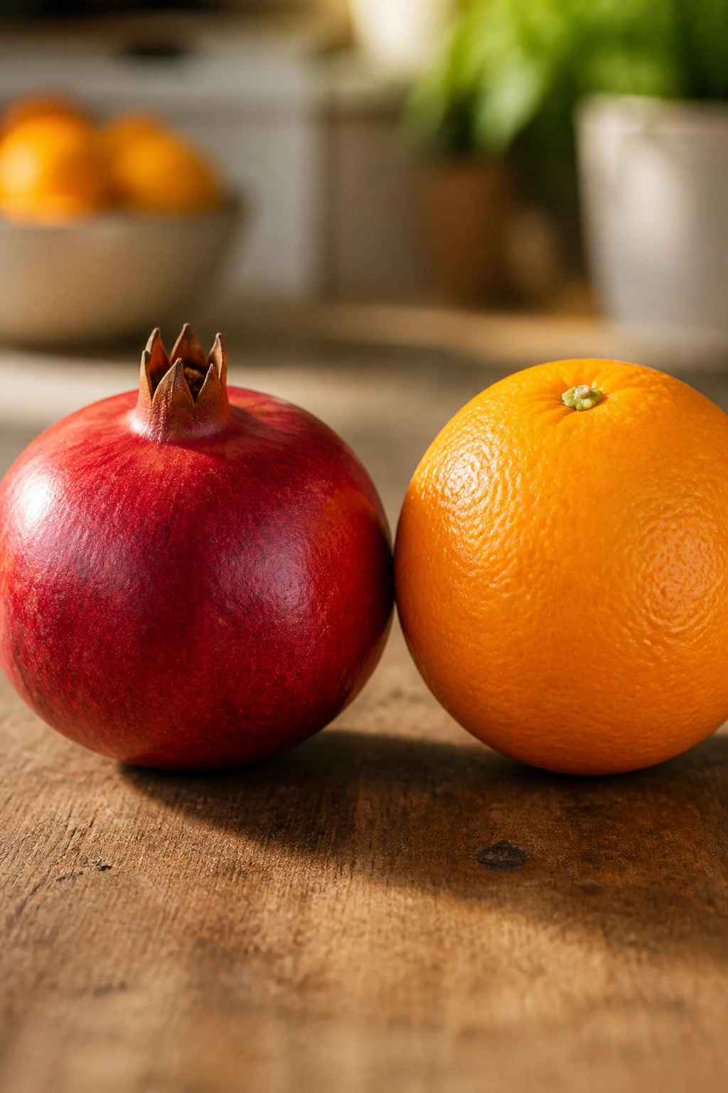 Pomegranate and orange side by side on a wooden surface