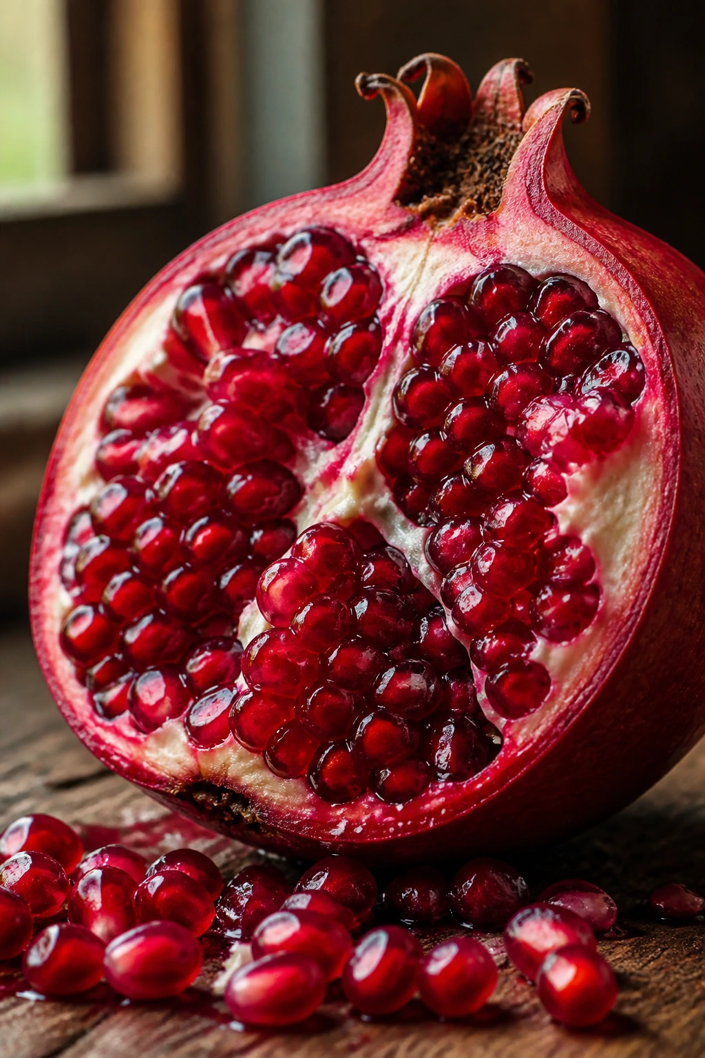 Close-up of a pomegranate half exposing ruby arils on a rustic wooden surface