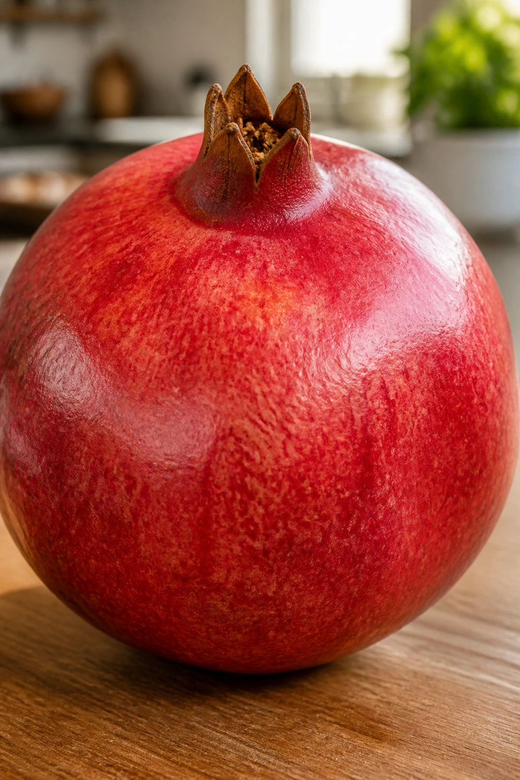 Close-up of a ripe pomegranate on a wooden kitchen counter under warm daylight