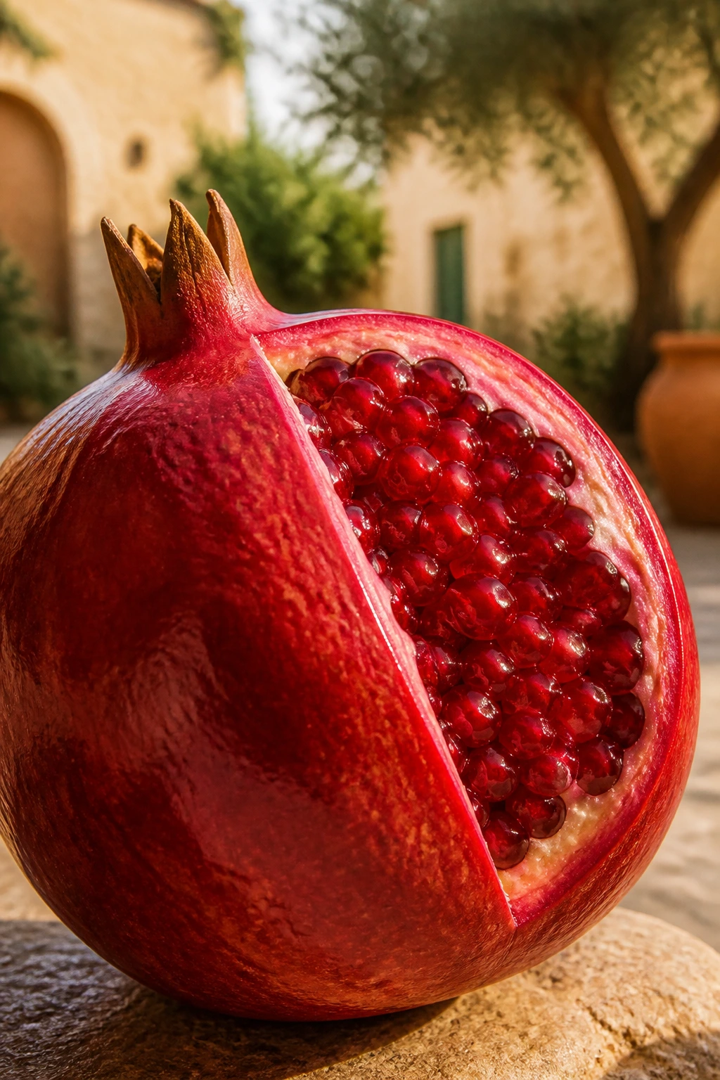 Close-up of a halved pomegranate showing bright red arils in warm Mediterranean light