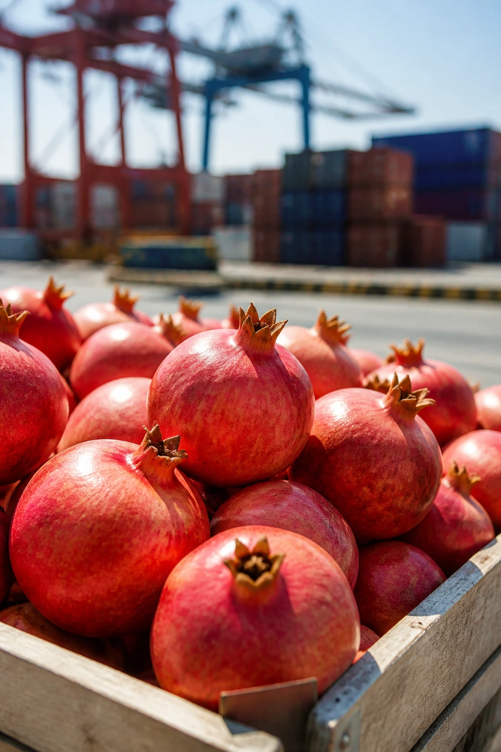 Close-up of ripe pomegranates in a crate at a port, signaling exports and Afghanistan fruit trade.