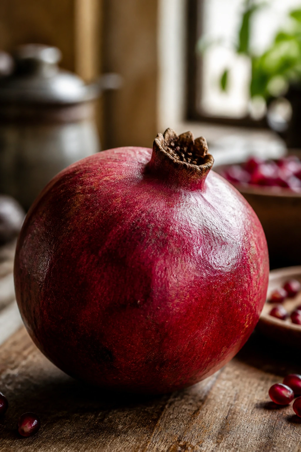 Close-up of a whole pomegranate with deep red skin