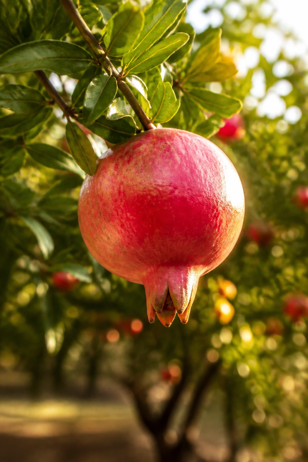 Close-up of a pomegranate on a branch in a warm outdoor garden