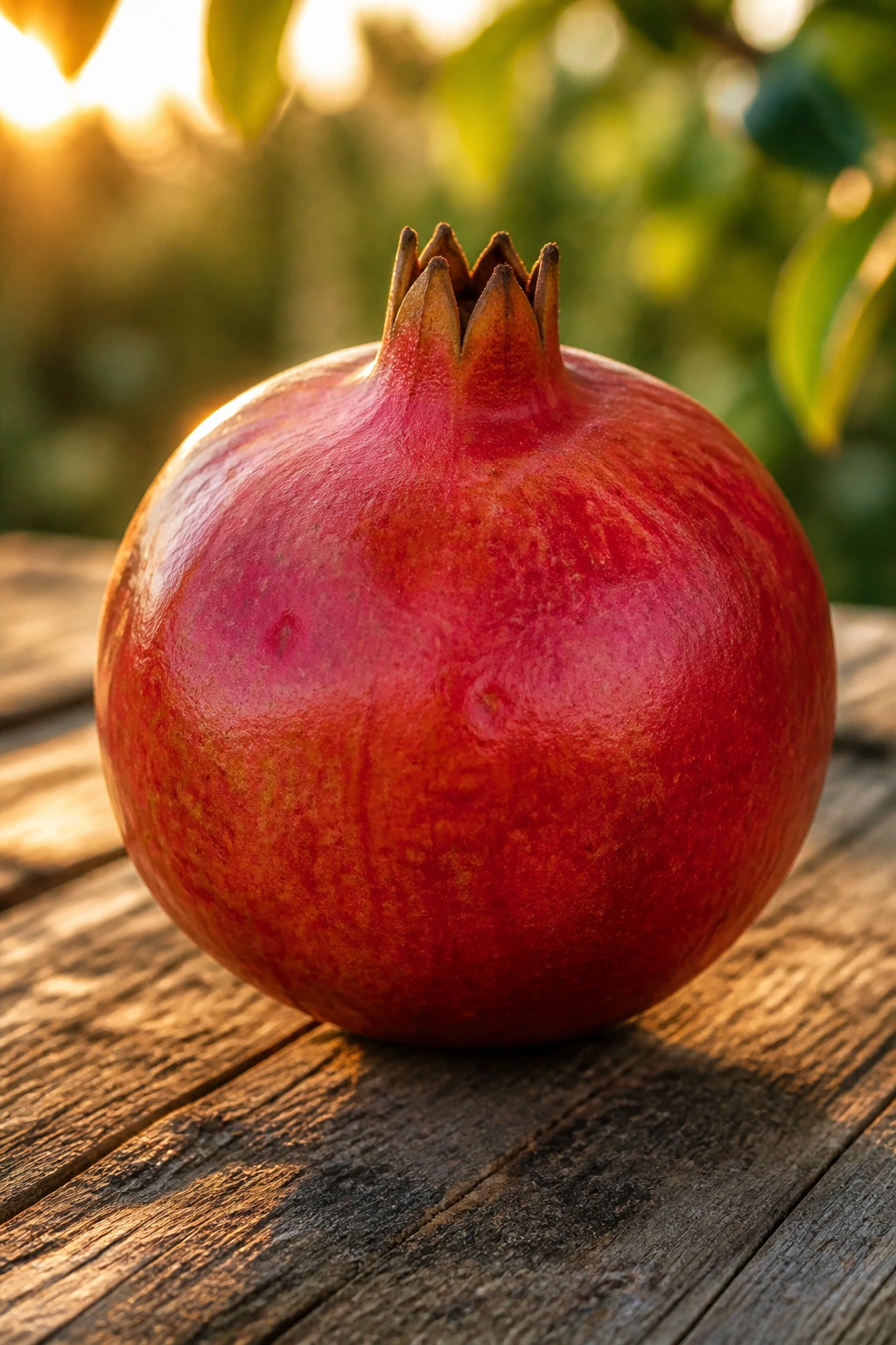 Pomegranate on wooden surface bathed in golden hour light with garden background