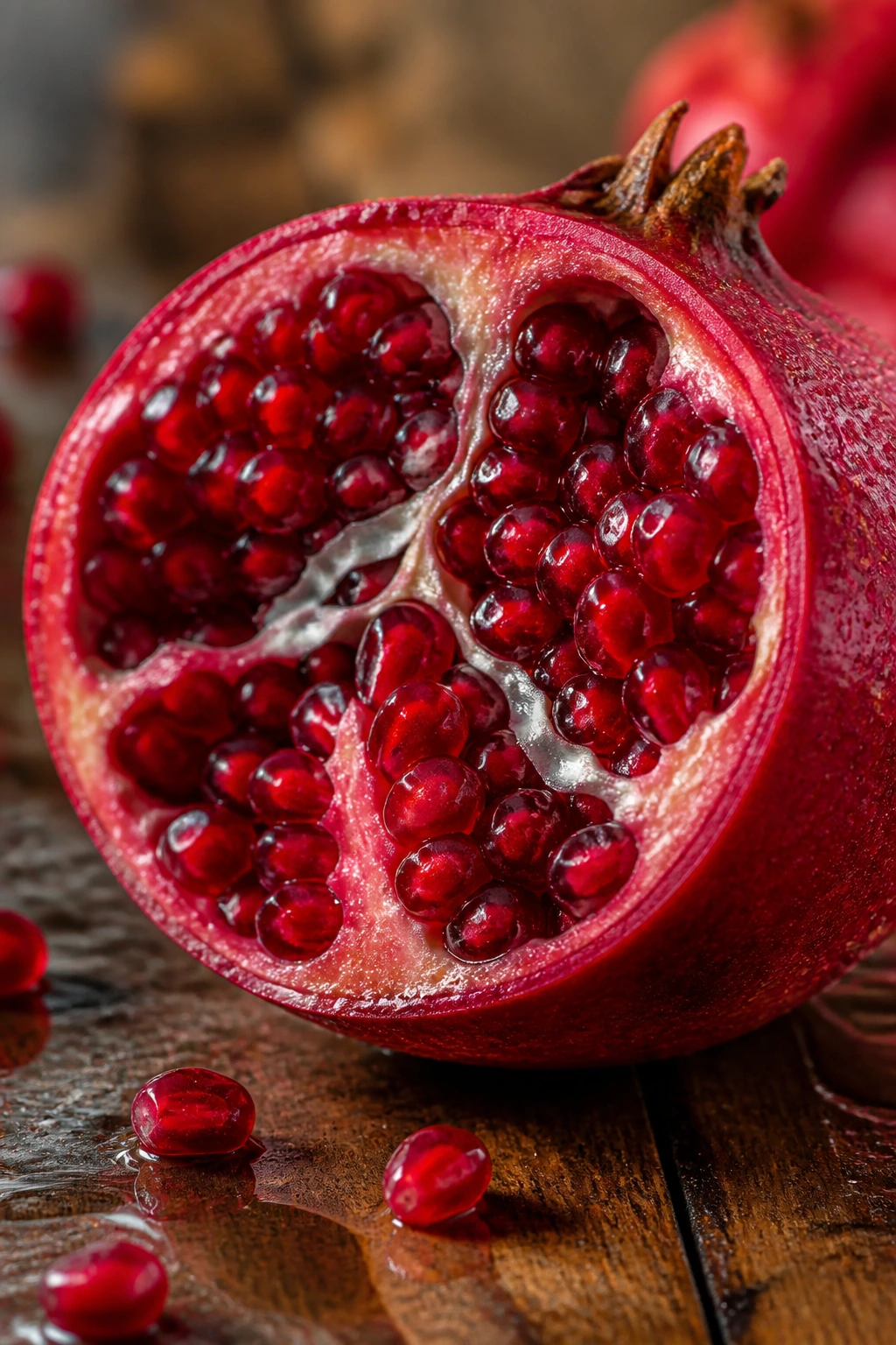 Close-up of a halved pomegranate revealing ruby arils on a rustic wooden table