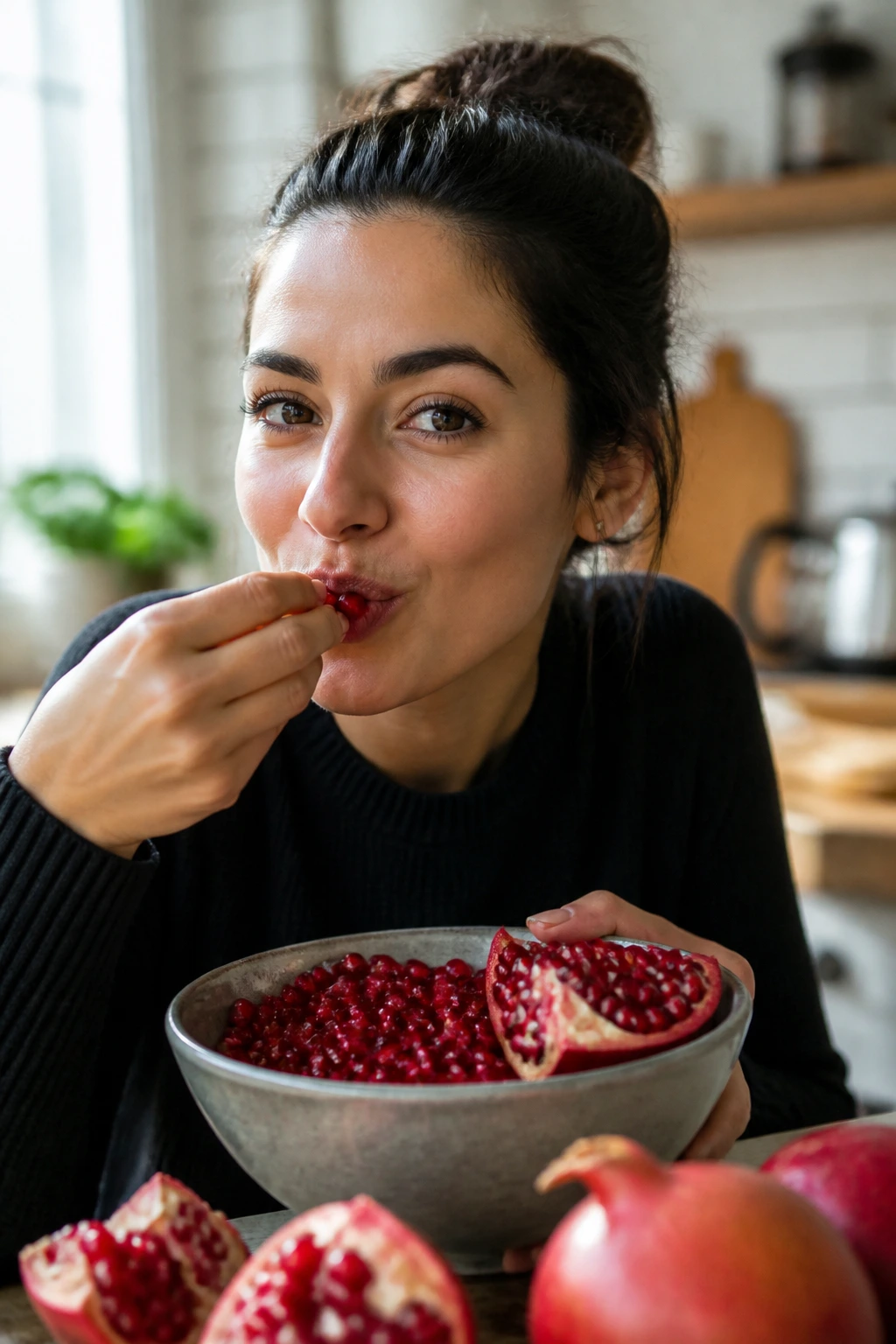 Person eating pomegranate seeds in a bright kitchen.
