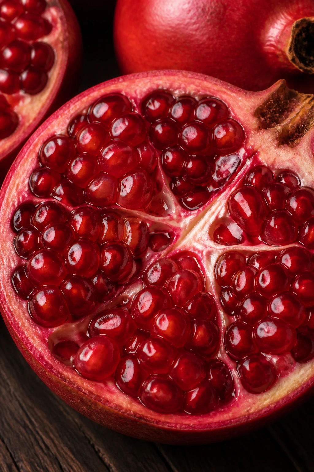 Halved pomegranate with seeds filling frame