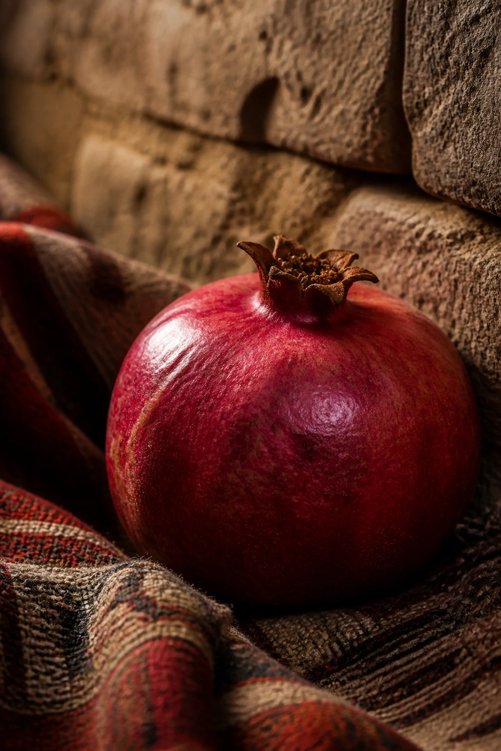 Pomegranate on rustic backdrop symbolizing historical roots.