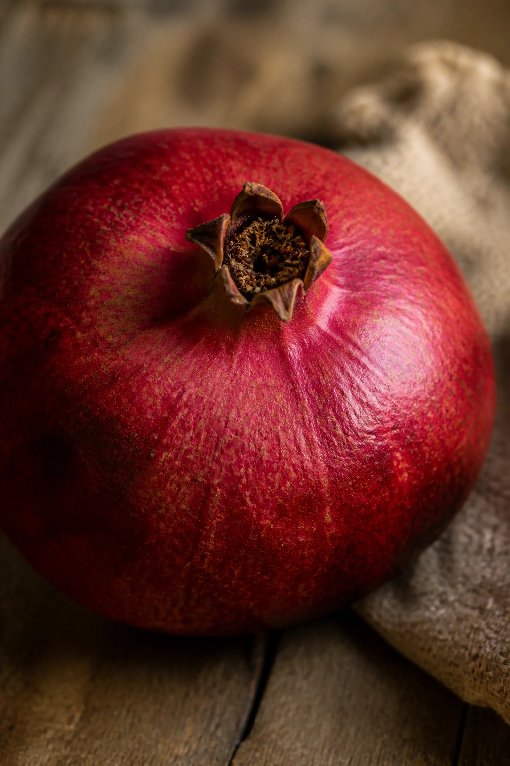 Close-up pomegranate symbolizing hope and new beginnings on a textured surface.
