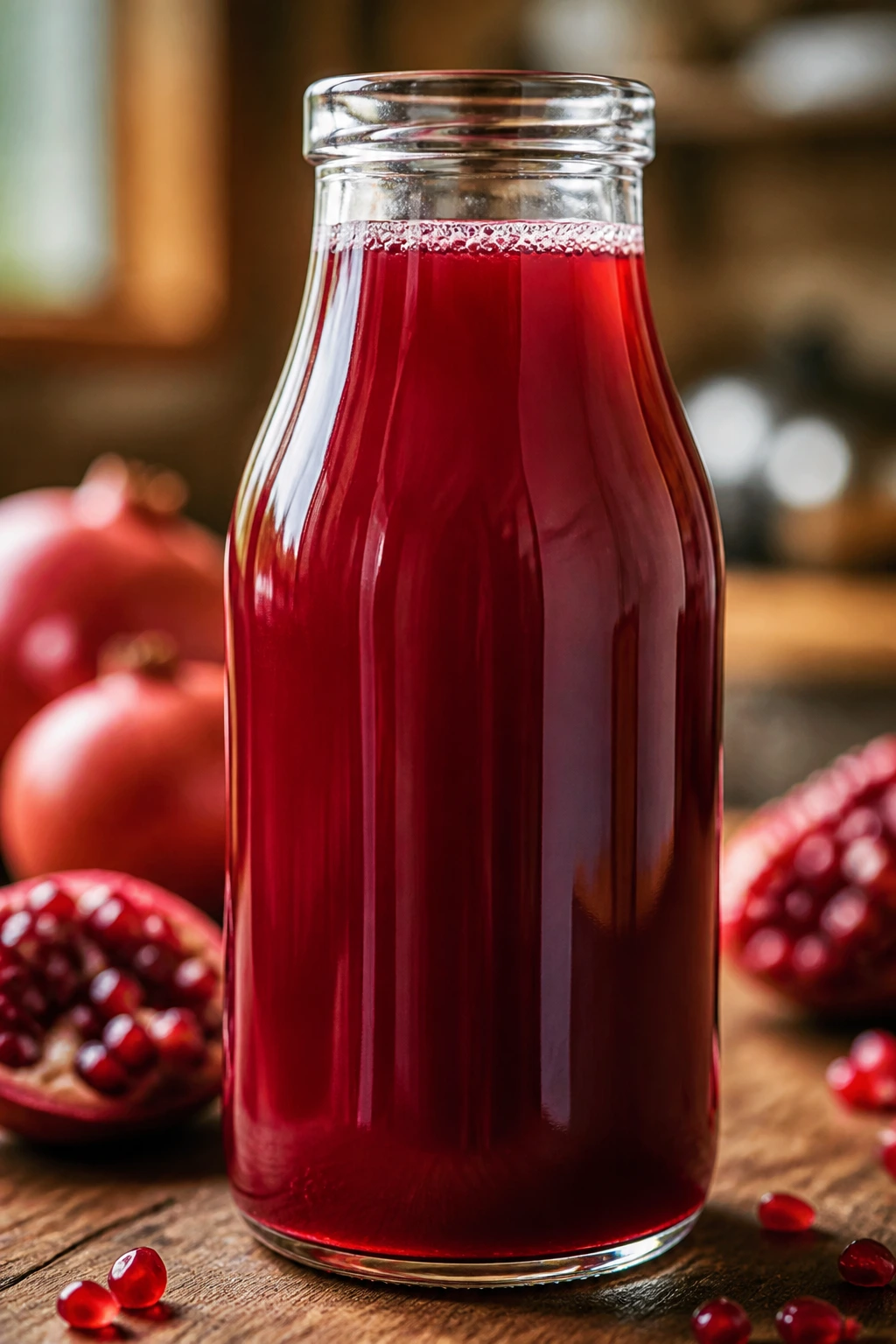 How Long Does Pomegranate Juice Last? 1 Close-up of a glass bottle of pomegranate juice on a wooden kitchen counter