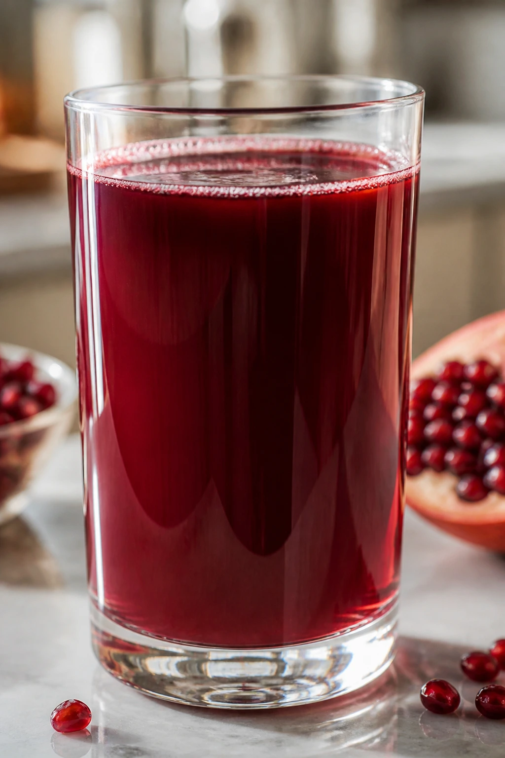 Close-up of ruby pomegranate juice in a glass on a kitchen counter