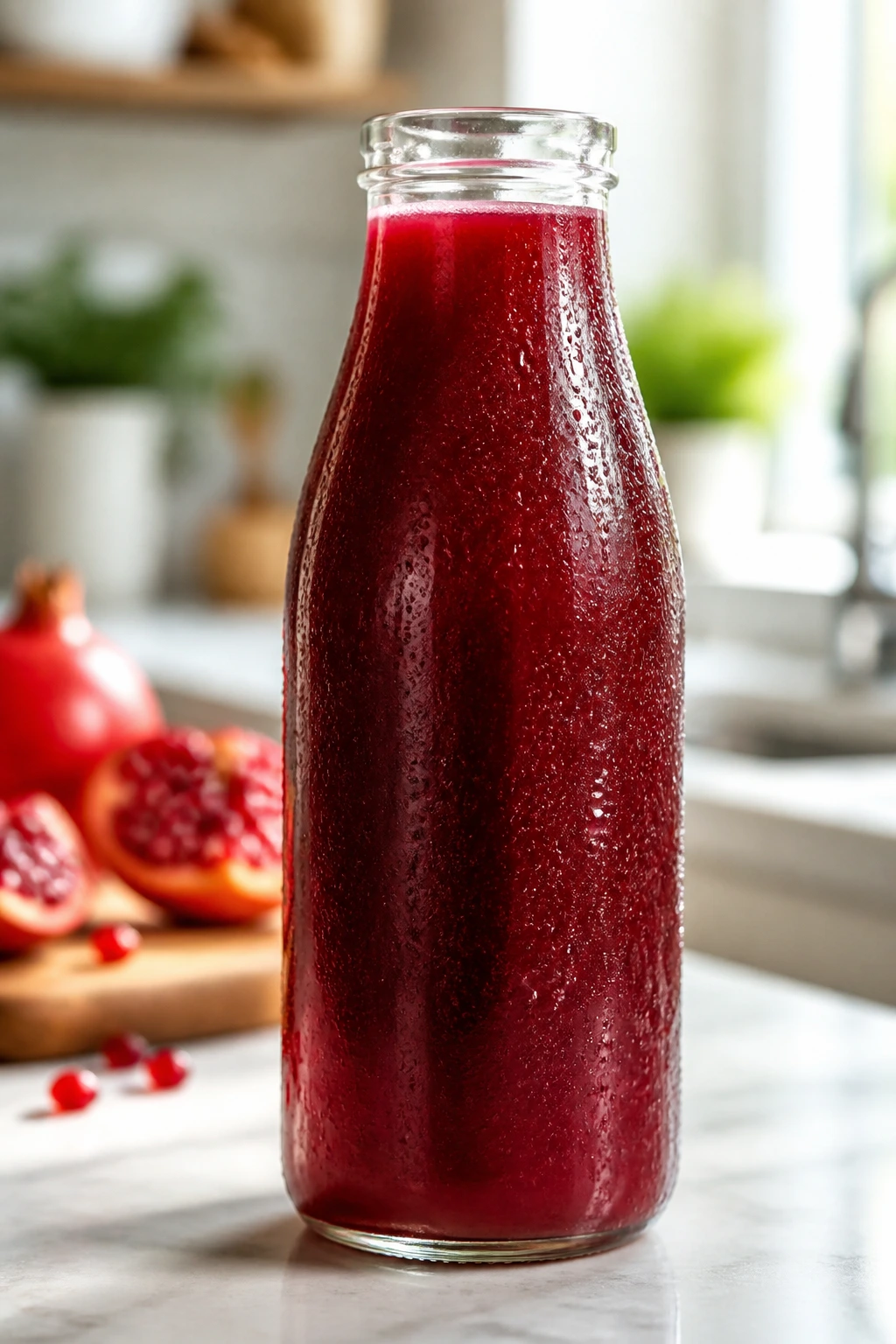How Long Does Pomegranate Juice Last? 2 Medium close-up of a pomegranate juice bottle on a kitchen counter