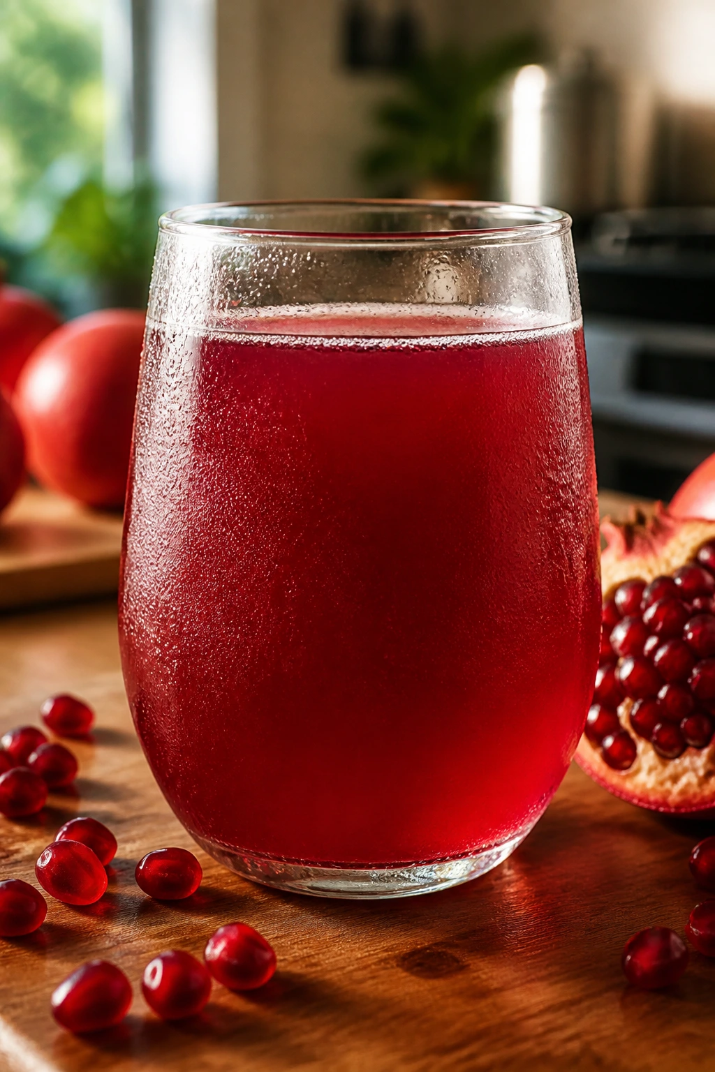 Close-up glass of ruby red pomegranate juice with condensation in a warm kitchen