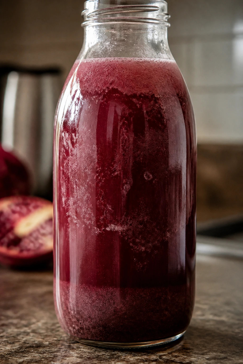 How Long Does Pomegranate Juice Last? 4 Cloudy pomegranate juice in a bottle on a kitchen counter