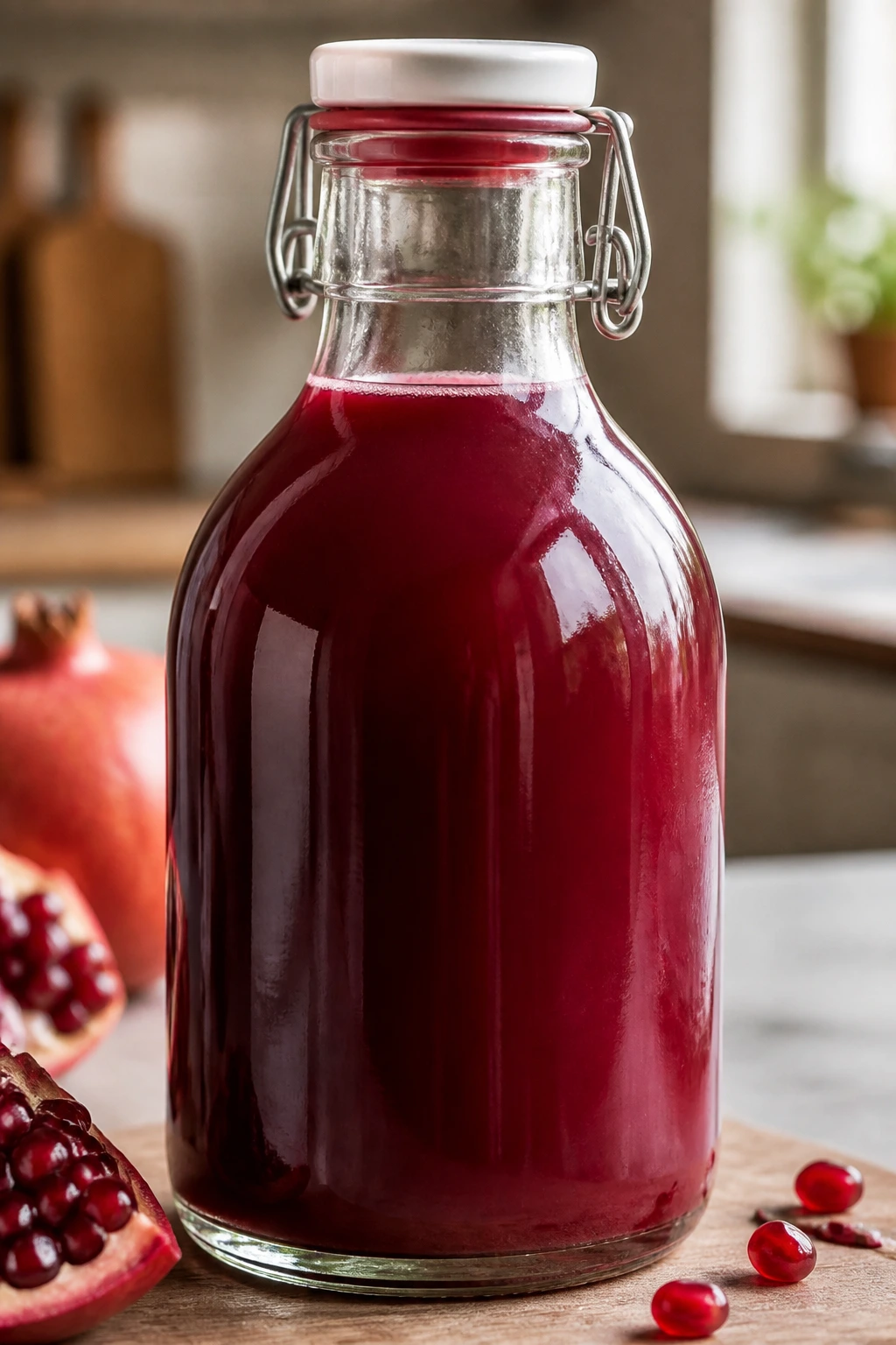 How Long Does Pomegranate Juice Last? 3 Close-up of airtight glass bottle of pomegranate juice on a kitchen counter