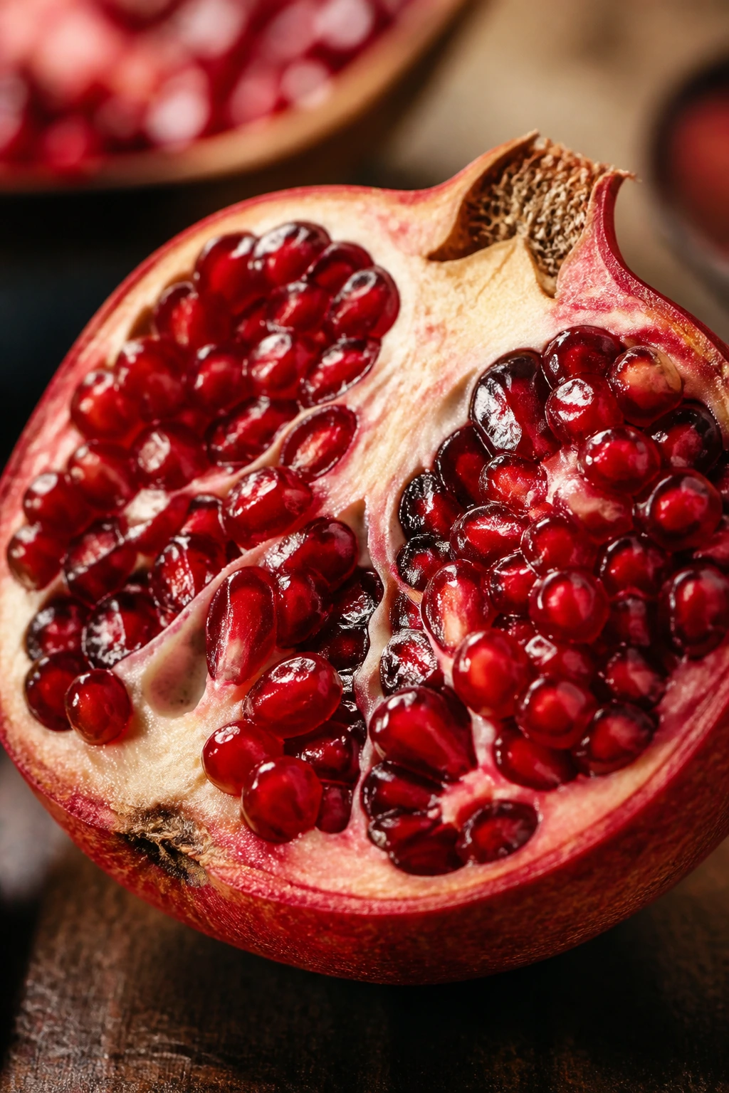 Halved pomegranate showing ruby arils and seeds.