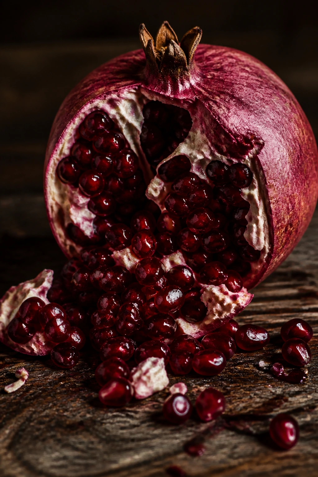 Close-up of a pomegranate with exposed seeds against a dark rustic wood background