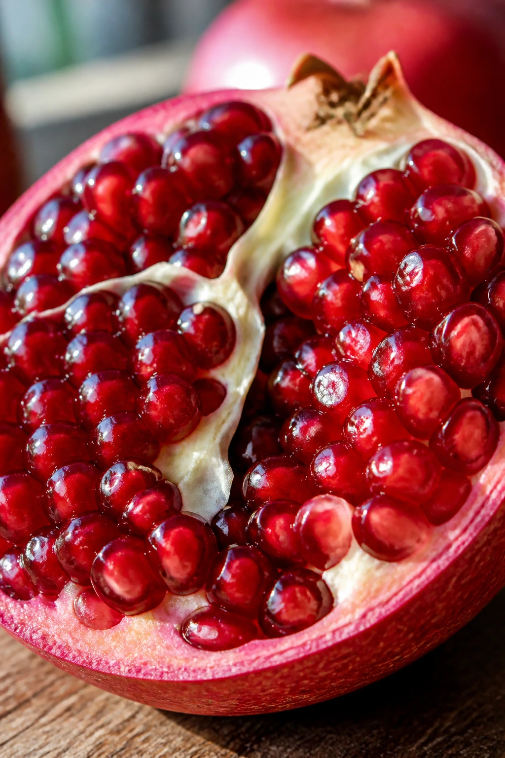 Macro cross-section of a pomegranate showing bright seeds on a wooden table