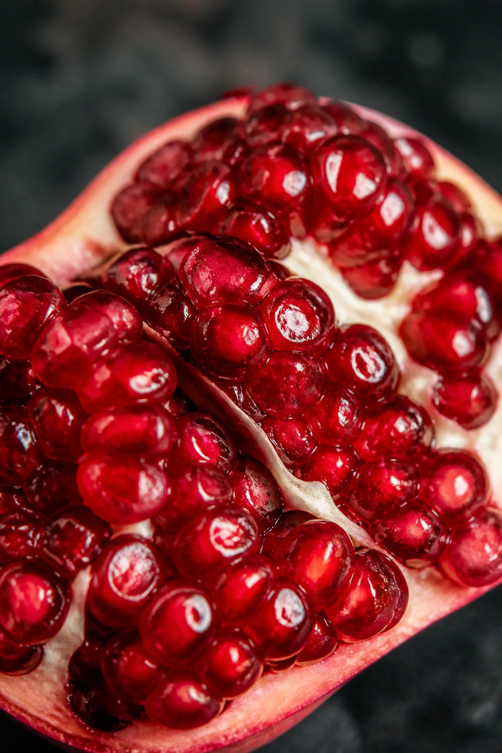 Is There A Fruit With Red Seeds Inside? Yes, And Here’s Why 2 Macro of glossy red pomegranate arils on dark background