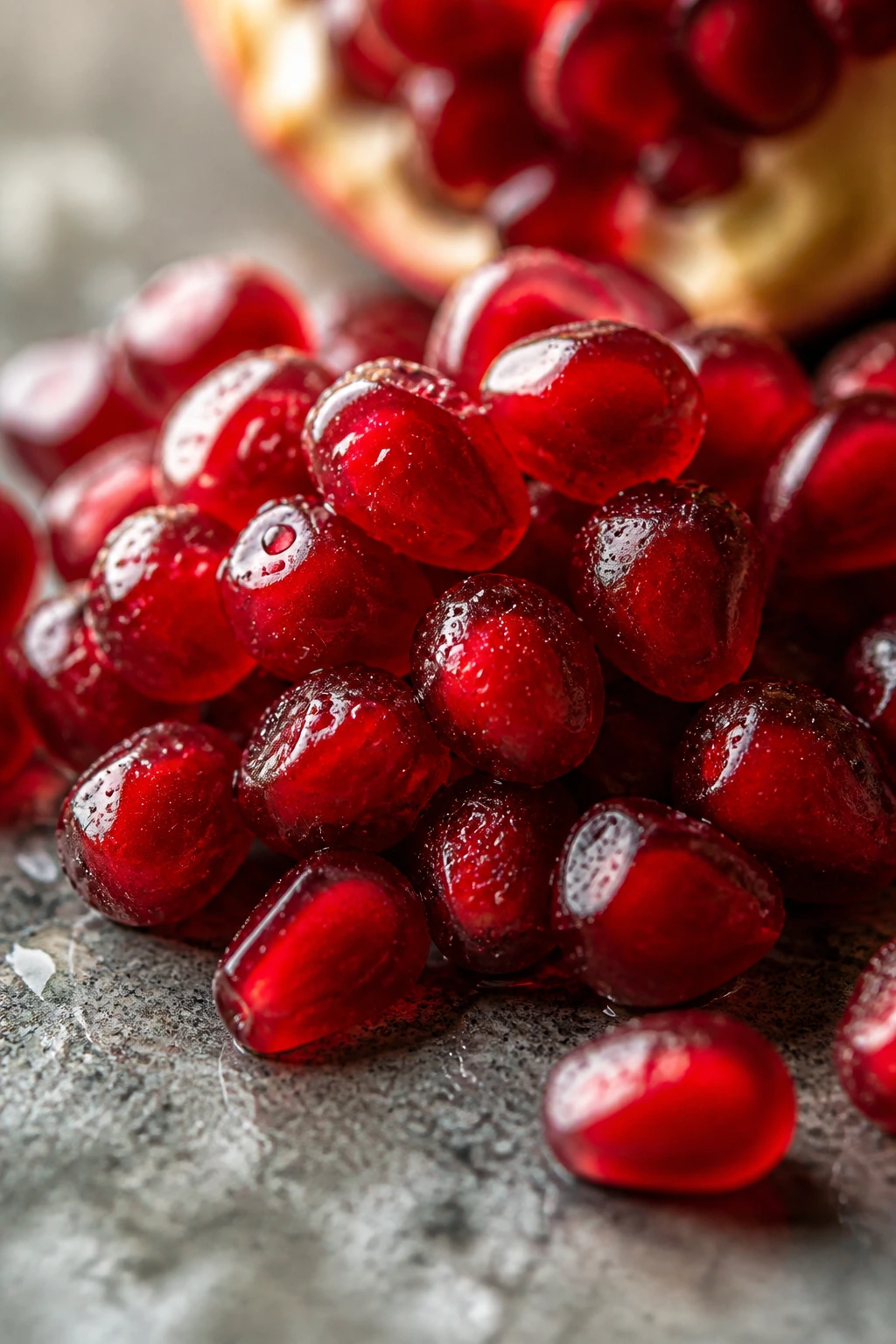 Is There A Fruit With Red Seeds Inside? Yes, And Here’s Why 3 Close-up of bright red pomegranate arils with juice on stone surface