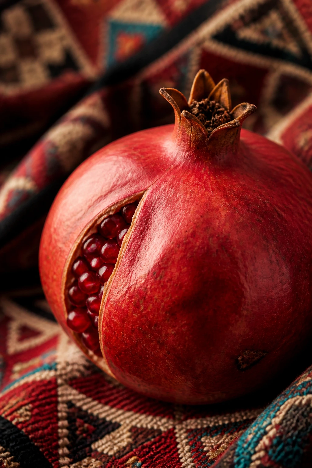 Pomegranate on soft Azerbaijani textile backdrop with seeds peeking