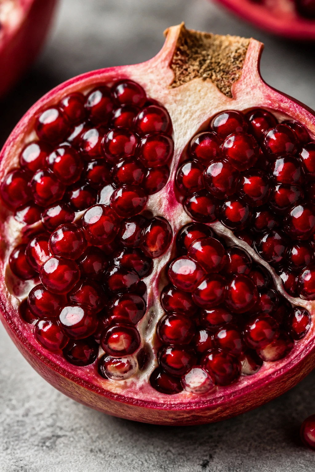 Close-up of halved pomegranate with red arils
