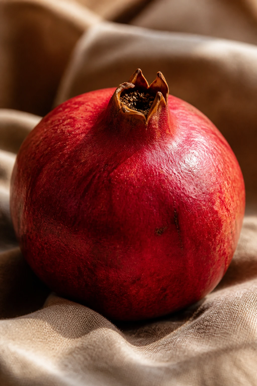 Single pomegranate on warm fabric with soft window light