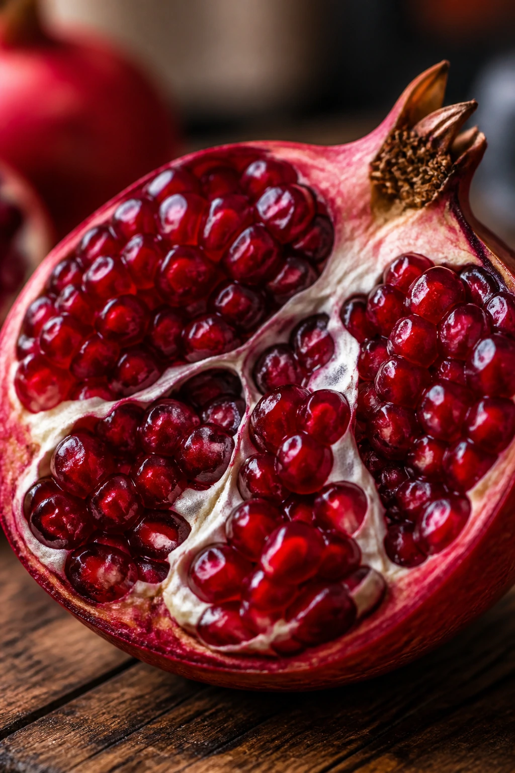 Close-up of a pomegranate cut open to reveal red arils in warm kitchen light