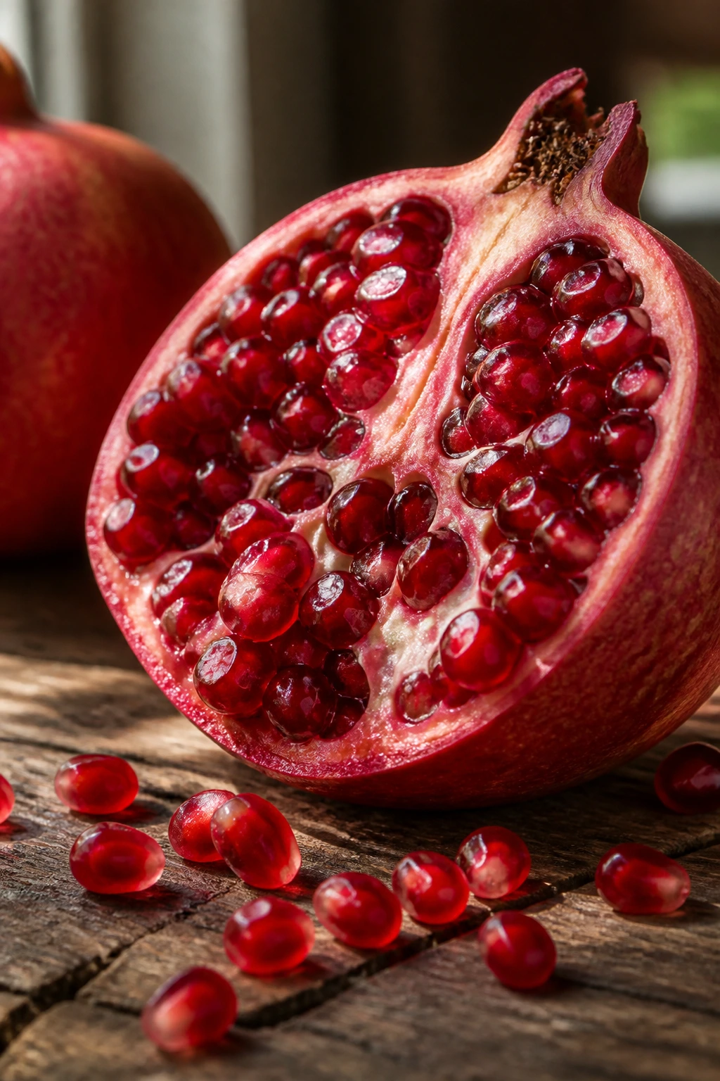 Is There A Fruit With Red Seeds Inside? Yes, And Here’s Why 1 Close-up of halved pomegranate showing red arils on rustic wooden table