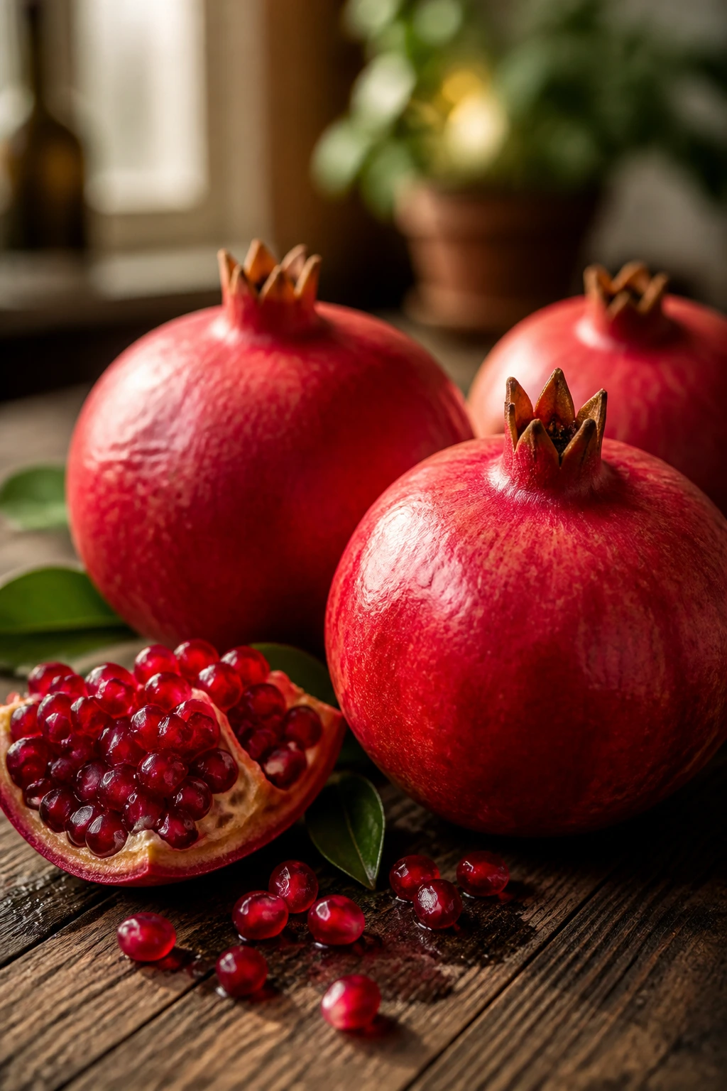 Cluster of ripe pomegranates on a wooden surface highlighting skin texture
