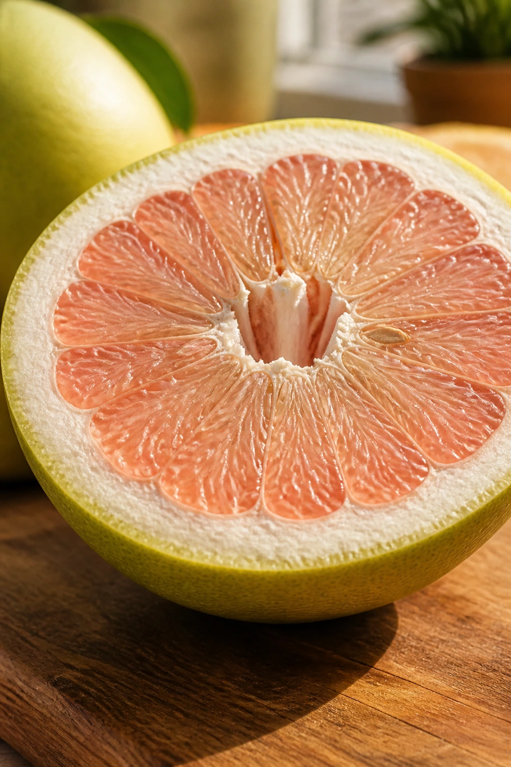 Close-up of halved pomelo exposing pale flesh on a wooden table