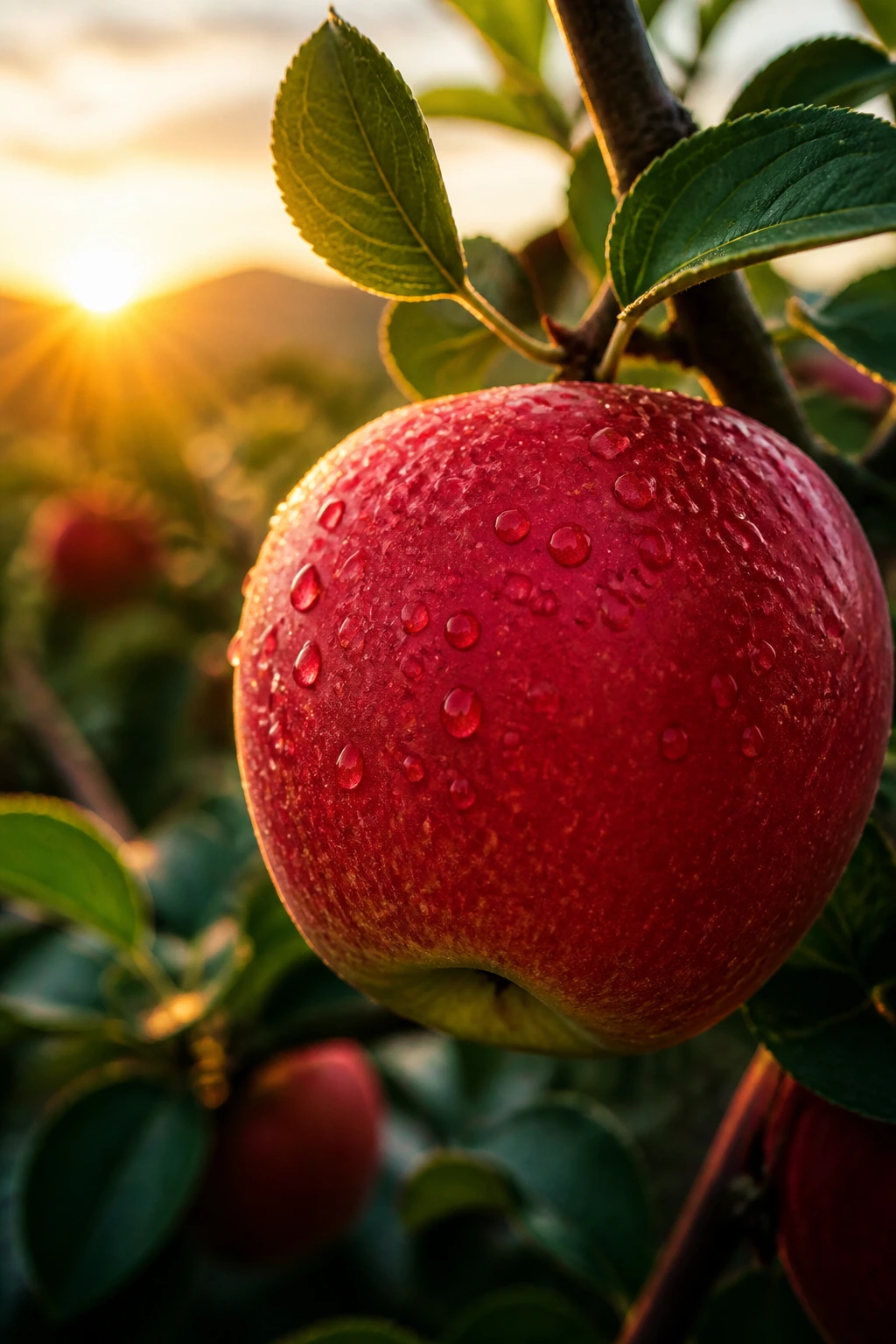 The Study Of Fruits Is Called "Pomology". 6 Glossy fruit on a tree at sunrise in an orchard