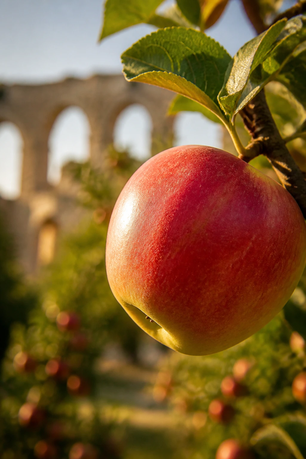 The Study Of Fruits Is Called "Pomology". 2 Close-up of fruit in an orchard with historical arches in the background