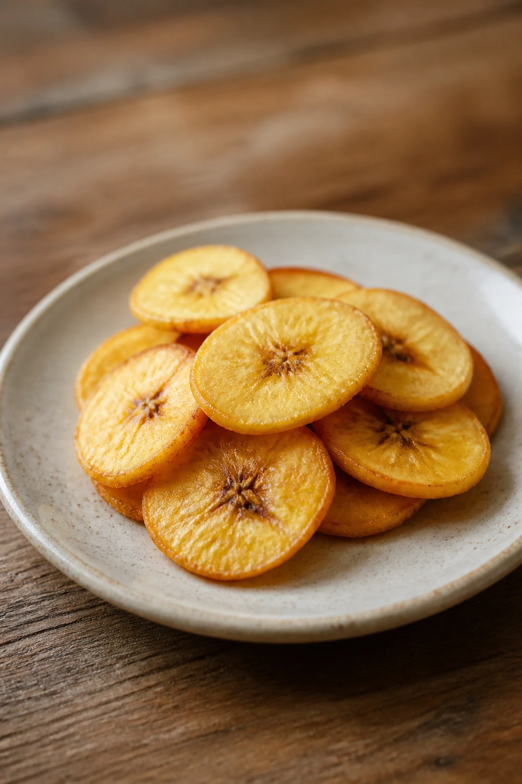 Are Baked Plantain Chips Healthy? 3 1-ounce portion of baked plantain chips on a plate