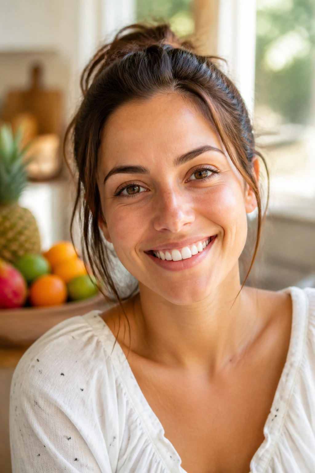 The 10 Characteristics of Tropical Fruits 2 Close-up portrait of a real person in a sunlit kitchen with a soft fruit-toned background