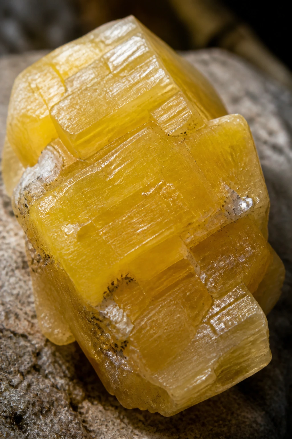 Macro close-up of a yellow potassium crystal