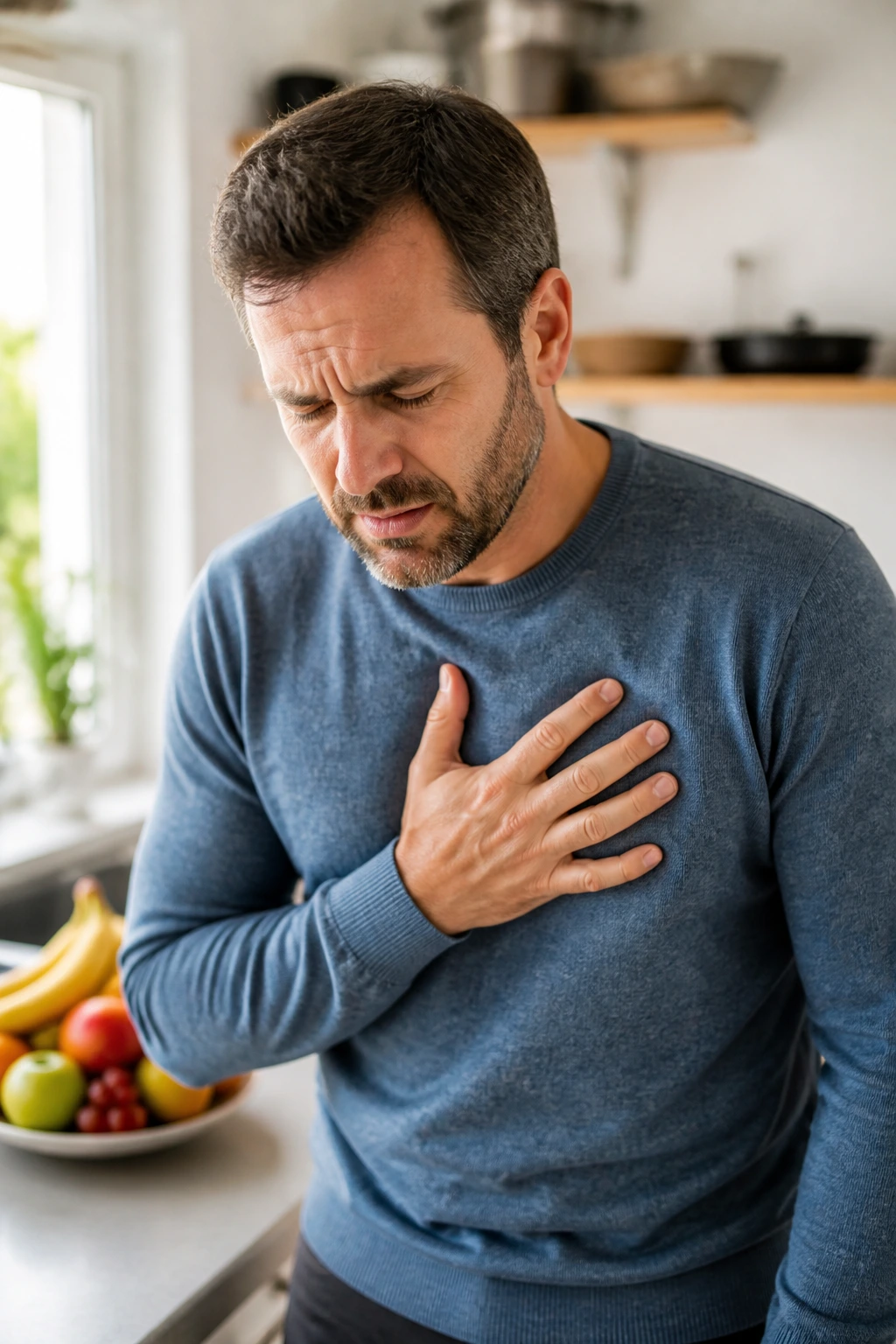 Side Effects of Eating Too Much Fruit: 10 Possible Outcomes 4 Portrait of a person showing discomfort with a kitchen background