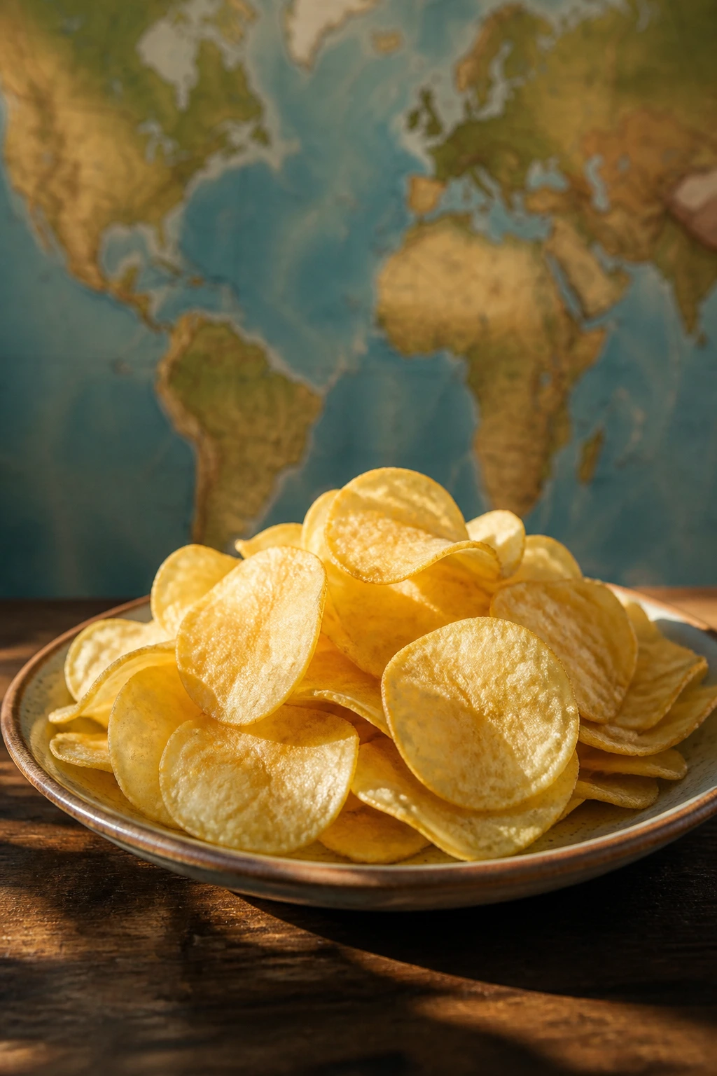 Plantain Chips Vs Potato Chips: Which is Better? 11 Plate of potato chips with a world map background