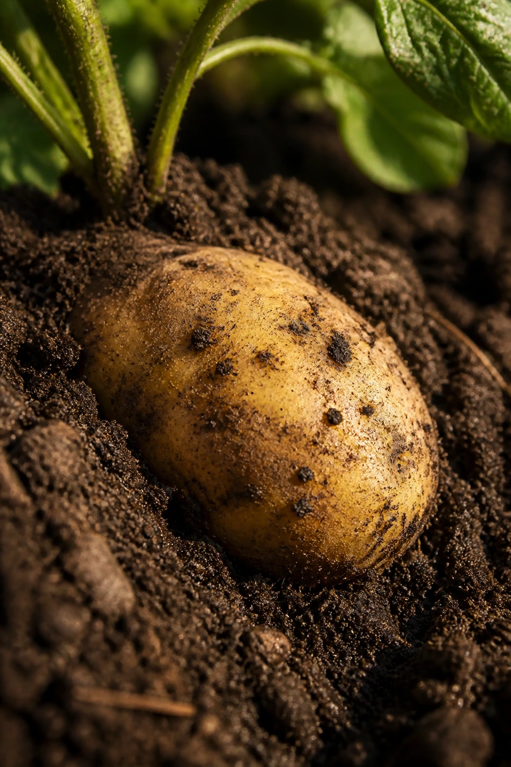 Close-up of a potato tuber partially unearthed from soil in a garden.