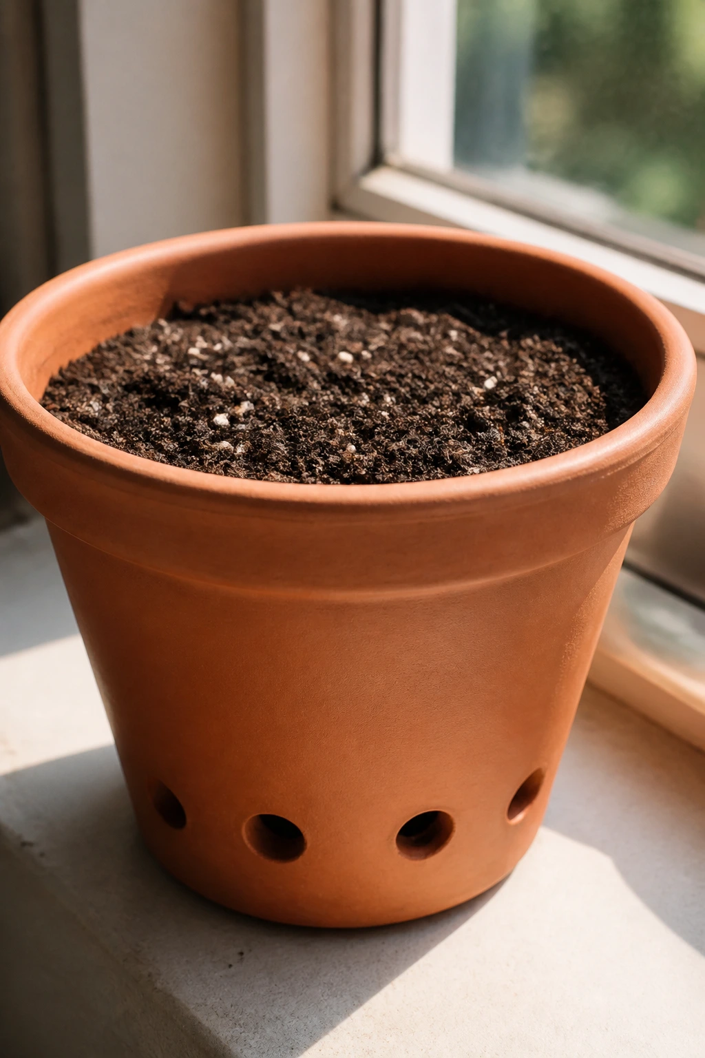 Terracotta pot filled with well-draining soil on a sunlit windowsill