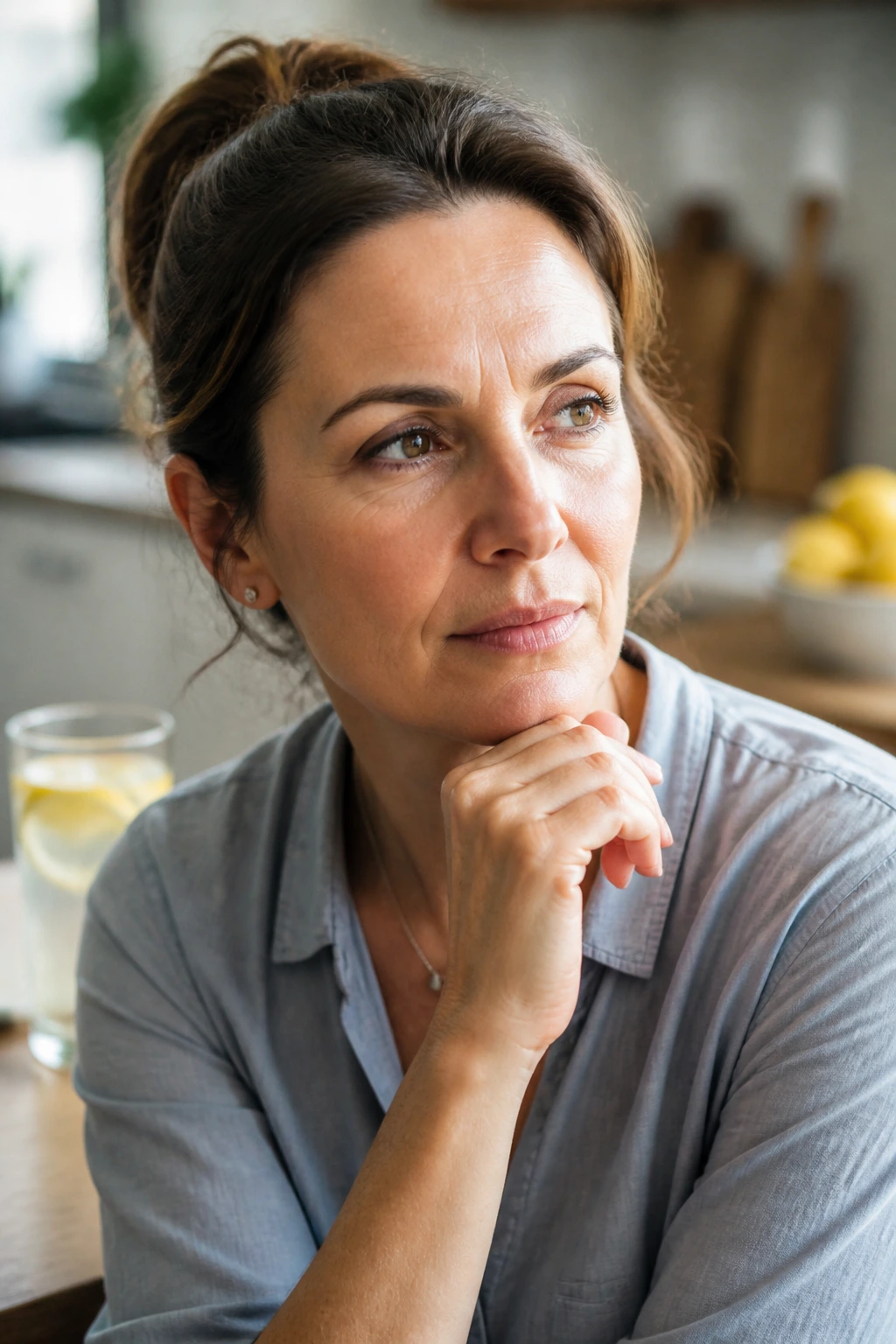Is Lemon Or Lemon Water Good for Gastritis? 8 Thoughtful adult portrait with kitchen background and lemon water in soft focus