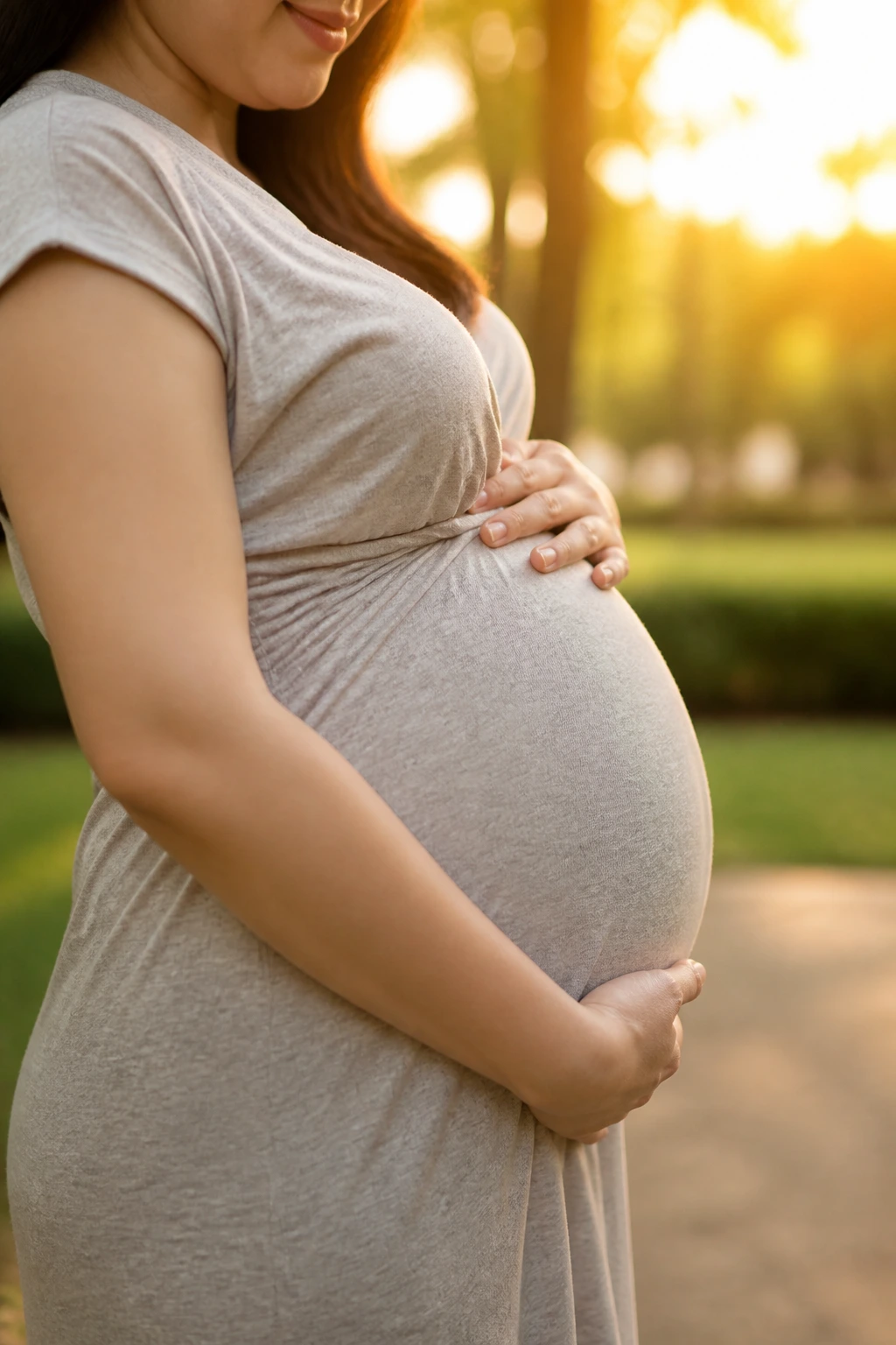 Pregnant woman's belly in profile in a park