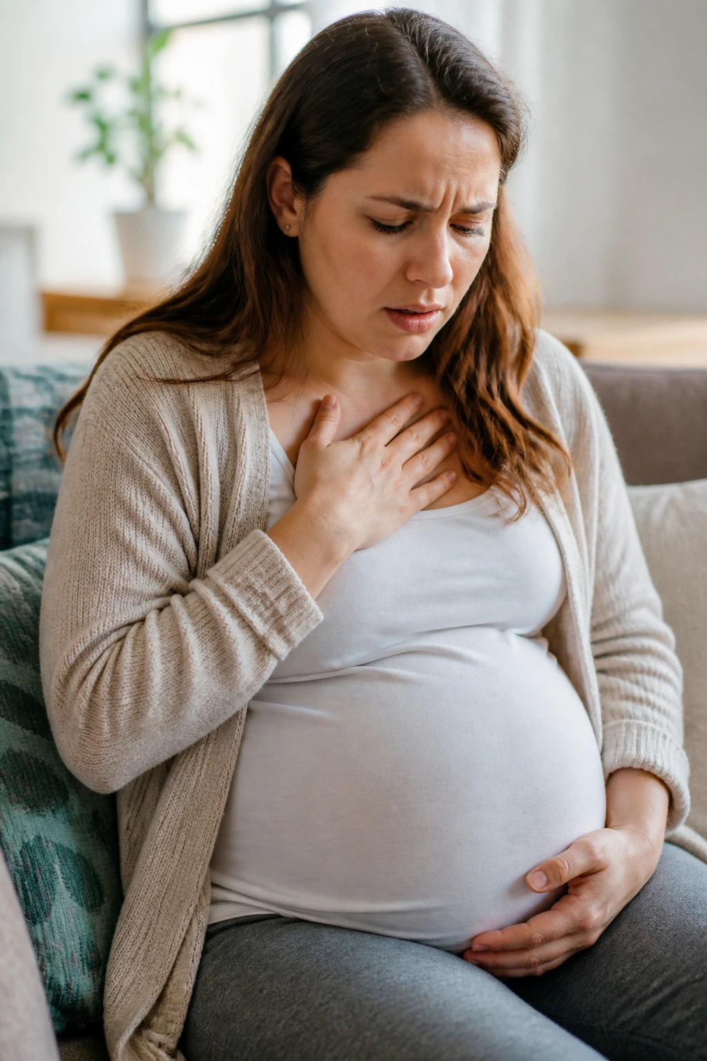 Close-up of pregnant woman clutching chest to show heartburn risk during pregnancy