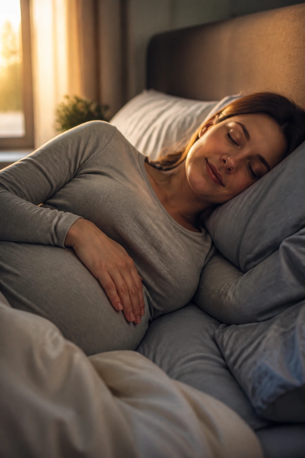 Pregnant woman sleeping peacefully in bed with dim lighting