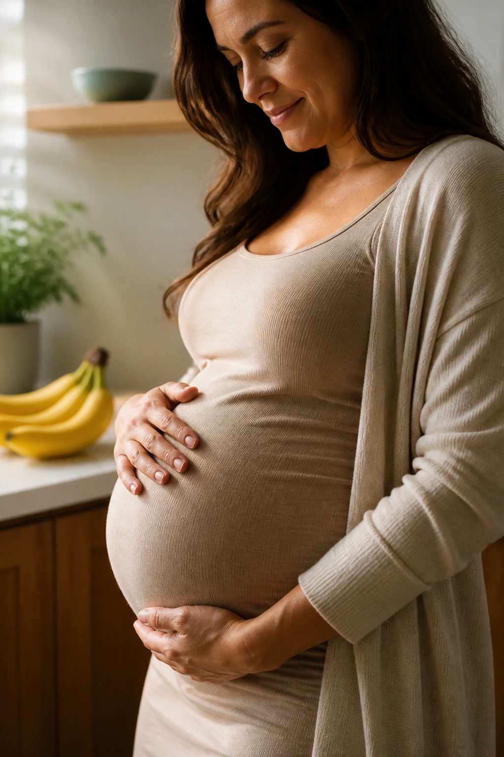 Close-up of a pregnant woman's belly cradled by hands in a warm kitchen