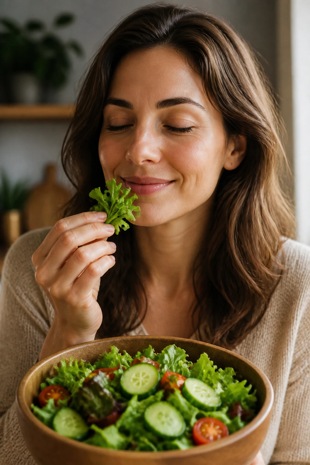 10 Surprising Benefits Of Eating Salad For Skin Health 10 Serene portrait of a person in a calm, present moment