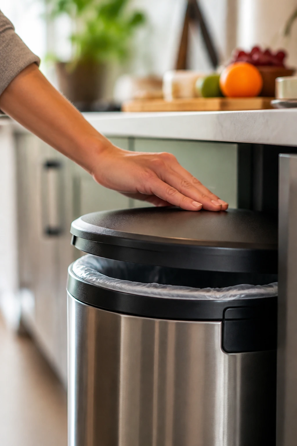 Hand sealing a kitchen trash can lid to prevent fruit fly infestation